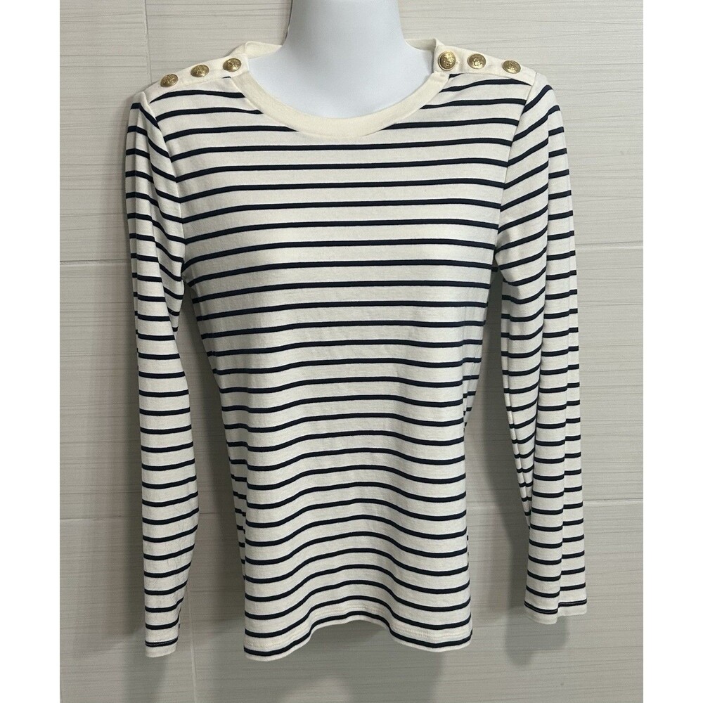 J Crew Perfect Fit 100% Cotton White Navy Golden Buttons LS Crewneck Tee M